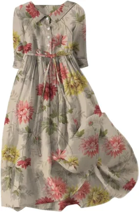 ZYXTIM Vintage Flower Print Summer Dress for Women 2024 Short Sleeve Lapel Elegant Beach Dress Plus Size Dip Hem Long Dresses